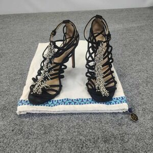 TORY BURCH Mariel Pearl Embellished Strappy Heels Womens 9  Black Suede Stiletto